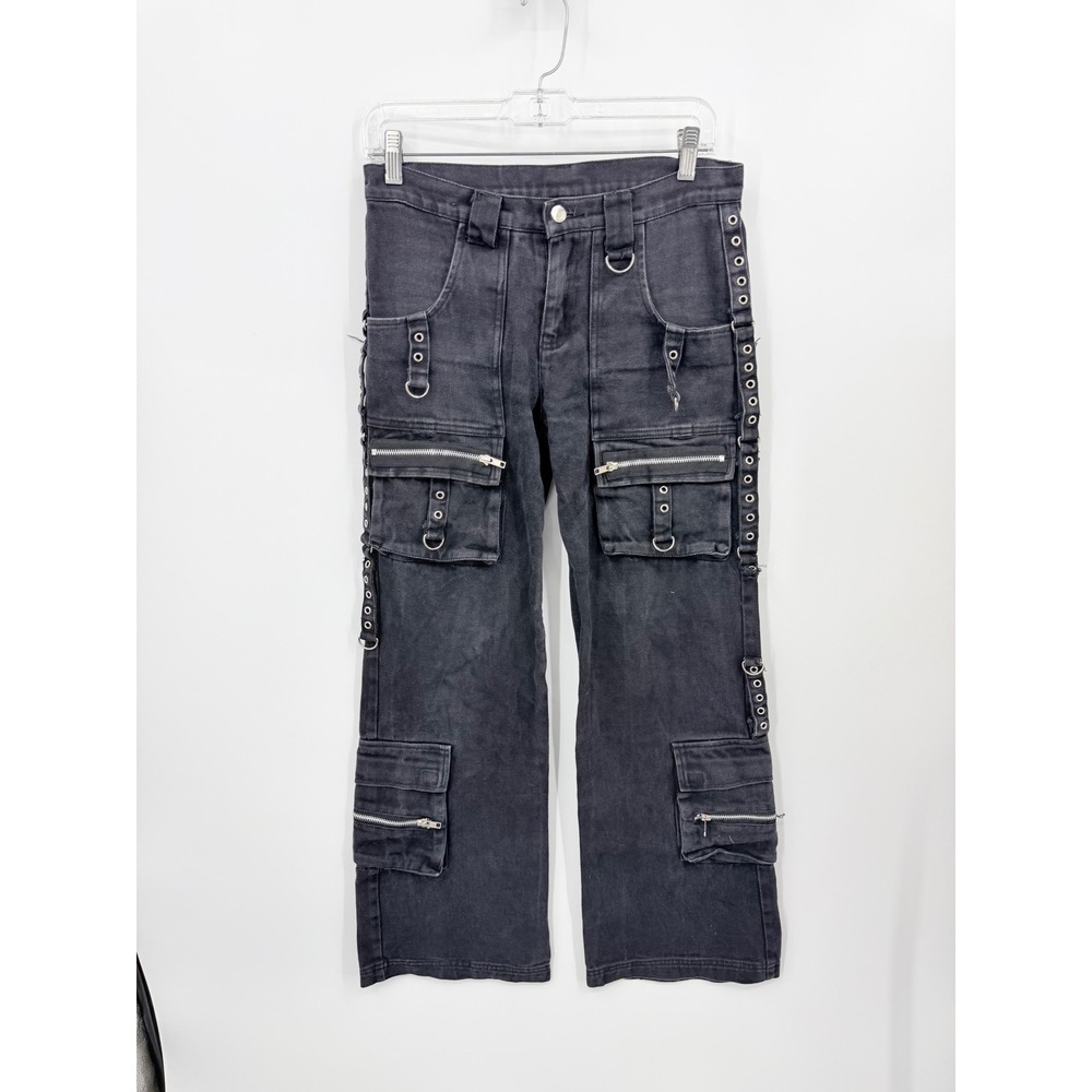 Alcatraz Gothic Cargo Pants Women 30 Black Denim Pocket Eyelet Goth Strappy